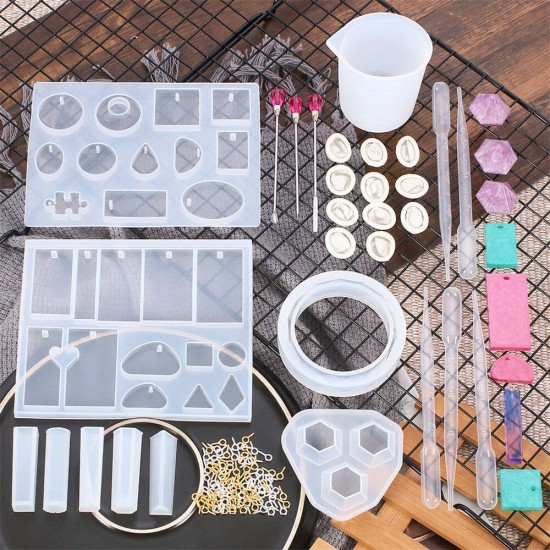 128Pcs Pendant Silicone DIY Casting Mould Set with Measuring Cup for Pendant Craft Jewelry Necklace Bracelet Making