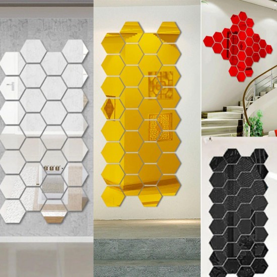 12Pcs 18.4cm Mirror Wall Sticker Hexagon Removable Acrylic 3D Mirror Self Adhesive DIY Decor