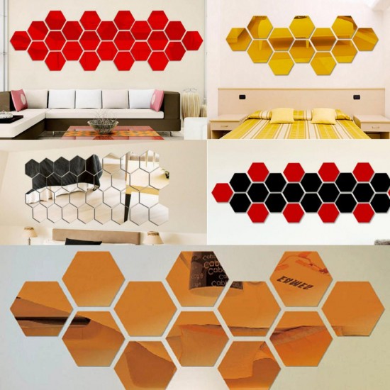 12Pcs 8cm Mirror Wall Sticker Vinyl Hexagon Removable Acrylic 3D Mirror DIY Home Room Decor Art