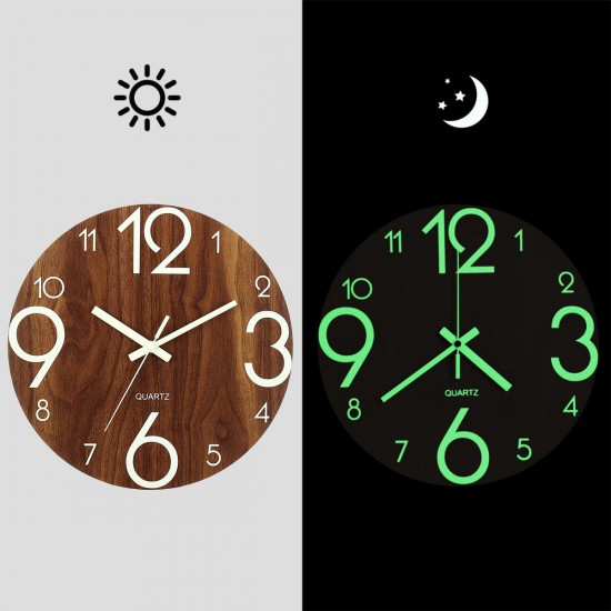 12'' Luminous Wall Clock Quartz Wooden Silent Non Ticking Dark Home Room Decor