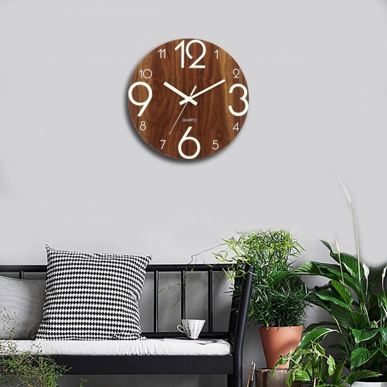 12'' Luminous Wall Clock Quartz Wooden Silent Non Ticking Dark Home Room Decor