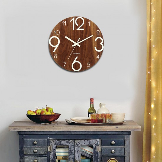 12'' Luminous Wall Clock Quartz Wooden Silent Non Ticking Dark Home Room Decor