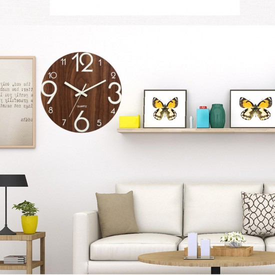 12'' Luminous Wall Clock Quartz Wooden Silent Non Ticking Dark Home Room Decor