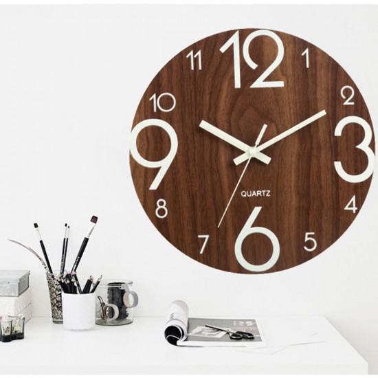 12'' Luminous Wall Clock Quartz Wooden Silent Non Ticking Dark Home Room Decor