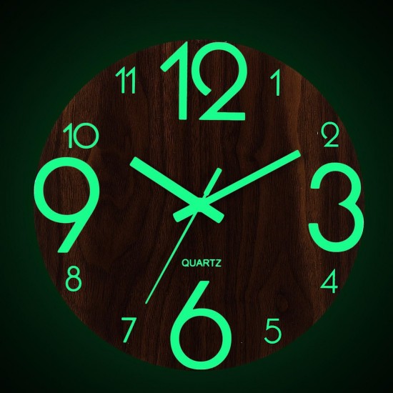 12'' Luminous Wall Clock Quartz Wooden Silent Non Ticking Dark Home Room Decor