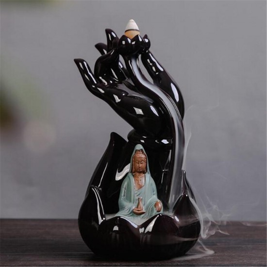 12x22cm Ceramic Backflow Incense Guanyin Tathagata Burner With Cones