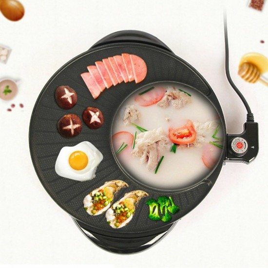 1350W 220V 2 In 1 Electric Non Stick BBQ Grill Plate Steamboat Hot Pot 34cm