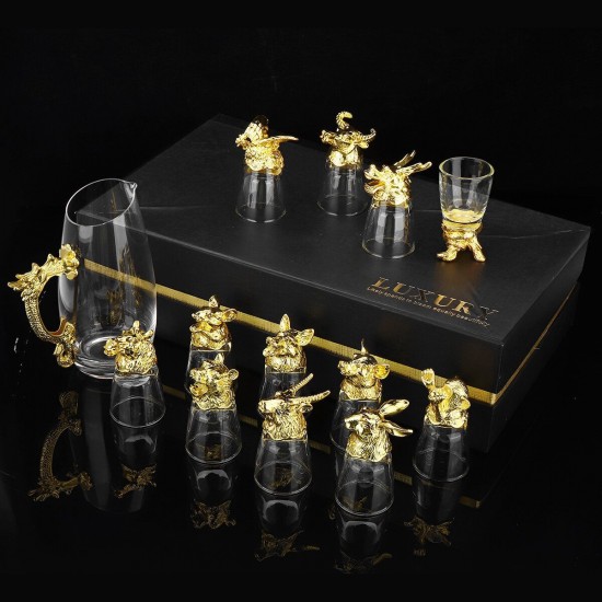13Pcs Glass Spirit Wines Cup Set Chinese Zodiac Kitchen Dining Bar Beers Drinkware