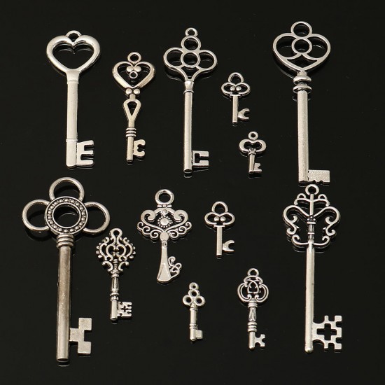 13pcs Sliver Antique Vtg old look Ornate Skeleton Keys Lot Pendant Fancy Heart DIY Jewelry