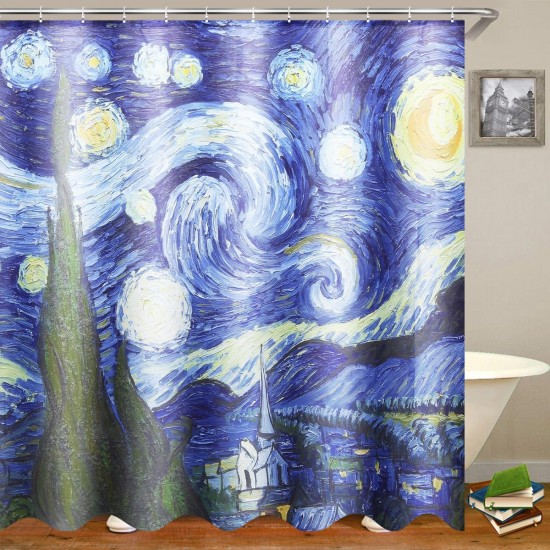180x180cm The Starry Night Pattern Bathroom Waterroof Shower Curtains Toliet Mat 12 Hooks