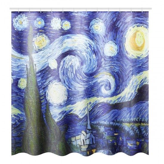 180x180cm The Starry Night Pattern Bathroom Waterroof Shower Curtains Toliet Mat 12 Hooks