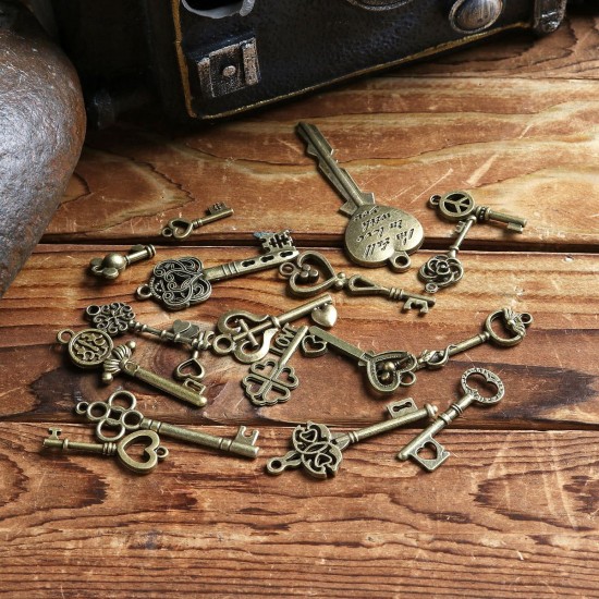 19Pcs Antique Bronze Key Retro Pendant Kit Necklace Bracelet Anklet Decorations