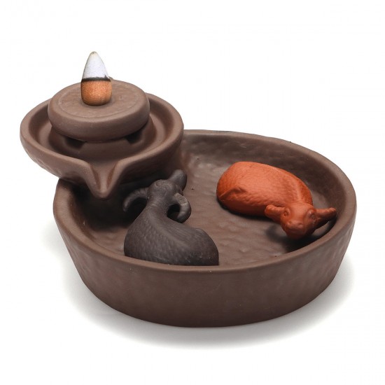 2-Buffalo Ceramic Backflow Incense Burner Cones Holder Sticks Censer Buddhist Decor