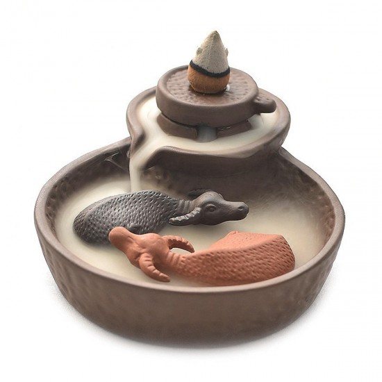 2-Buffalo Ceramic Backflow Incense Burner Cones Holder Sticks Censer Buddhist Decor