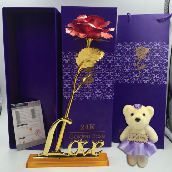 24K Gold Plated Rose Flower Valentine's Day Birthday Gifts with Cute Teddy Bear Decorations 24K Gold Plated Rose Flower Valentine's Day Birthday Gifts with Cute Teddy Bear Decorations