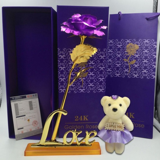 24K Gold Plated Rose Flower Valentine's Day Birthday Gifts with Cute Teddy Bear Decorations 24K Gold Plated Rose Flower Valentine's Day Birthday Gifts with Cute Teddy Bear Decorations