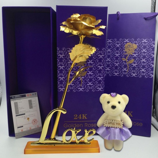 24K Gold Plated Rose Flower Valentine's Day Birthday Gifts with Cute Teddy Bear Decorations 24K Gold Plated Rose Flower Valentine's Day Birthday Gifts with Cute Teddy Bear Decorations