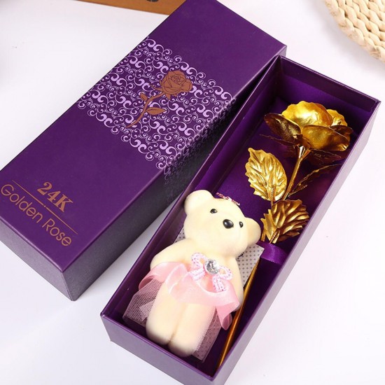 24K Gold Plated Rose Flower Valentine's Day Birthday Gifts with Cute Teddy Bear Decorations