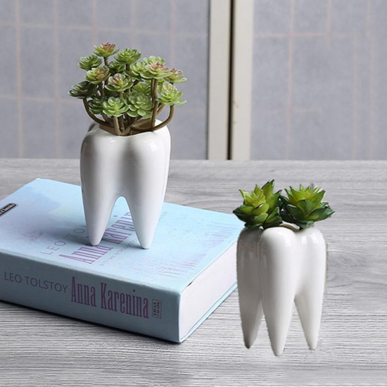 2Pcs Ceramic Plant Flower Pot Succulent Garden Cute Teeth White Home Decorative Storage Container
