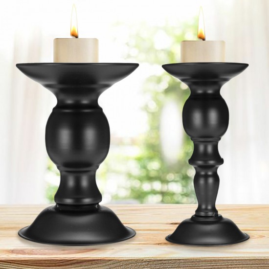2Pcs Vintage Carved Pillar Candle Holder Candlesticks Stand Wedding Party Decor Black