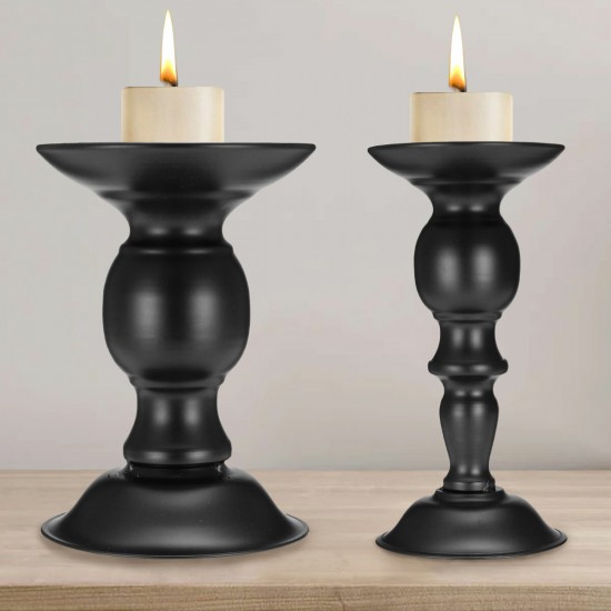 2Pcs Vintage Carved Pillar Candle Holder Candlesticks Stand Wedding Party Decor Black