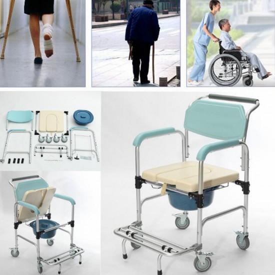 3-in-1 Commode Wheelchair Bedside Toilet & Shower Seat Bathroom Rolling Chair Elder Folding Chair