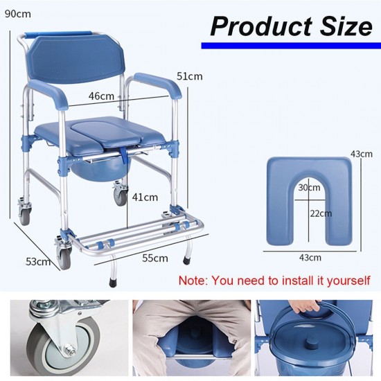 3 in1 Commode Wheelchair Toilet Shower Seat Potty Bathroom Rolling Chair Soft
