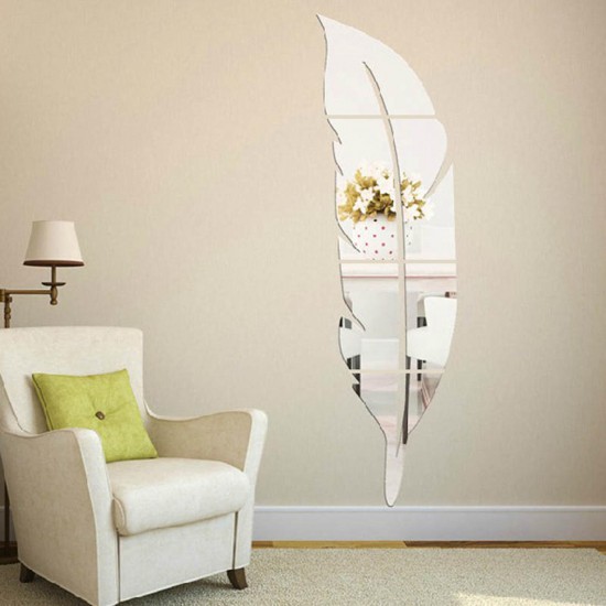 3D Mirror Vinyl Feather Wall Sticker Decal DIY Room Art Mural Removable Wall Paper Home Decor