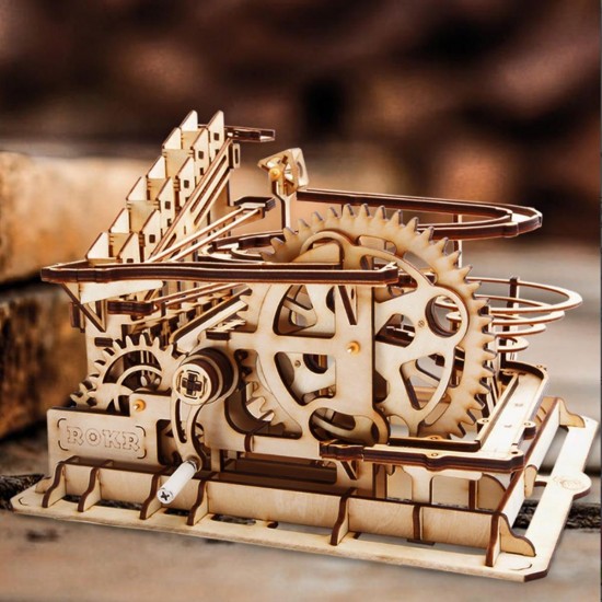 3D Self-Assembly Wooden Marble Run Handcrank Waterwheel Magic Crush Puzzle Model Building Kits Mechanical Model Gift