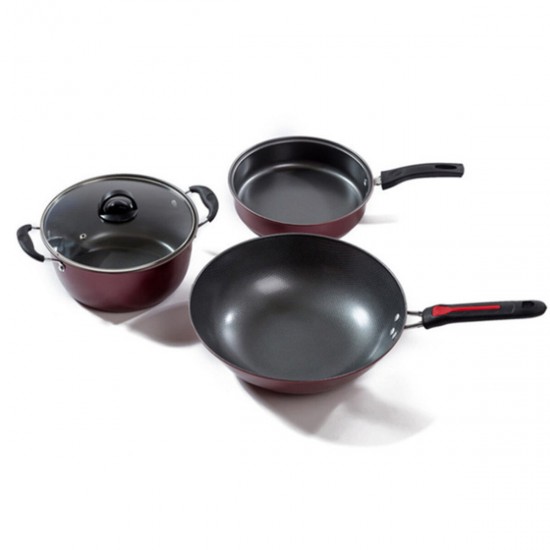 3Pcs Non-stick Kitchen Cookware Frying Pan Soup Pot Wok Set Cooking Cooker Tool