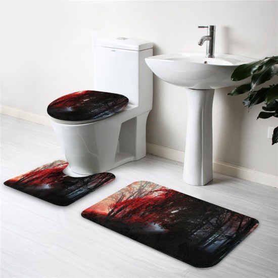 3Pcs/Set Bath Carpet Set Forest Pattern Non-Slip Bathroom Toilet Seat Covers Floor Mats Rug Set