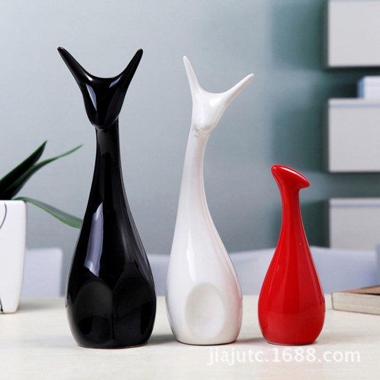 3Pcs/Set Deer Family Ceramic Figurine Porcelain Decorations Black /White /Red
