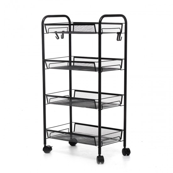 4/5-Tier Basket Stand Kitchen Bathroom Trolley Full-Metal Rolling Food Storage Cart with Lockable Wheels 4 Side Hooks