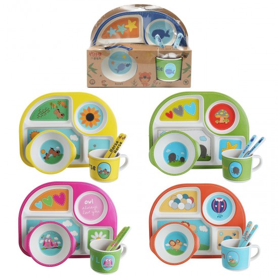 5 Style Bamboo Fiber Colorful Kids Meal Set Feeding Tools Plate Cup Spoon Fork Kid Bowl