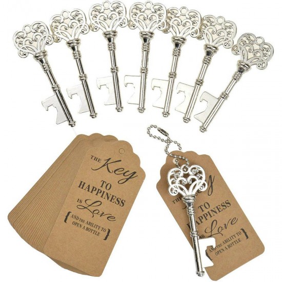 60 Pcs Heavy-Duty Metal Skeleton Key Bottle Opener Wedding Favor Decoration with Escort Tag Card