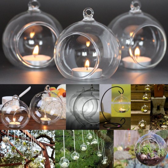6Pcs Round Glass Hanging Candle Tea Light Globe Holder Candlestick Party Home Wedding Decor 10cm