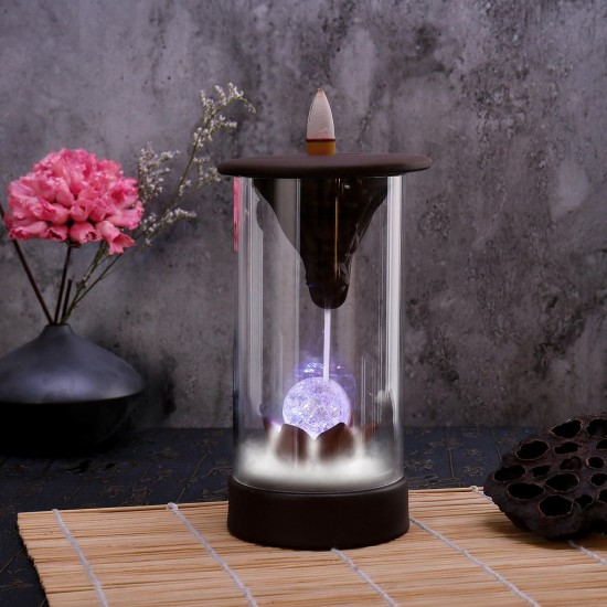 7 Color LED Changing Incense Burner Backflow Waterfall Smoke Censer Holder with Cones