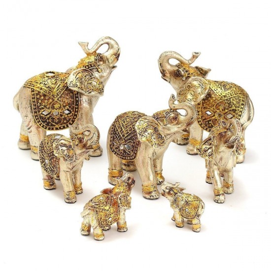 7Pcs Feng Shui Golden Elephant Statue Lucky Wealth Figurine Gift Home Decor