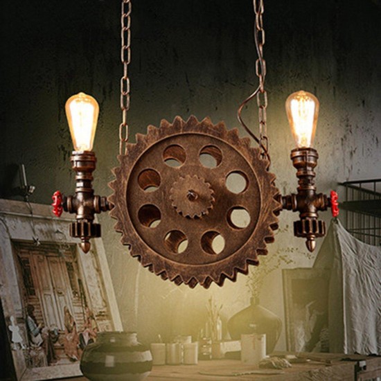 Antique Style Rust Metal Gear 2 Bare Bulbs Waterpipe Ceiling Pendant Light without Blub Antique Style Rust Metal Gear 2 Bare Bulbs Waterpipe Ceiling Pendant Light without Blub