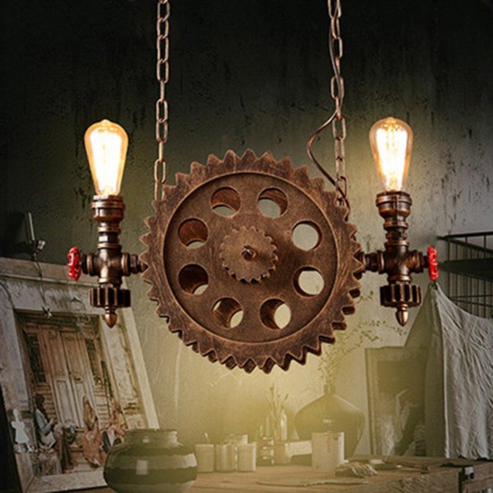 Antique Style Rust Metal Gear 2 Bare Bulbs Waterpipe Ceiling Pendant Light without Blub