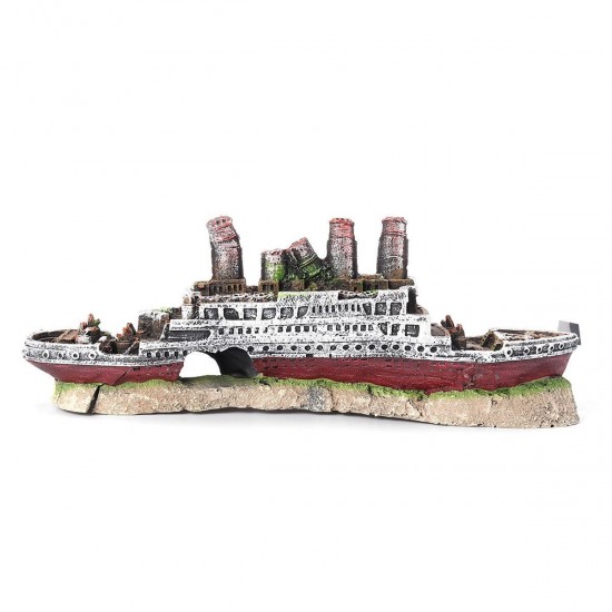 Aquarium Ship Ornament Wreck Boat Fish Tank Cave Resin Decoration 27x5.2x9.5cm