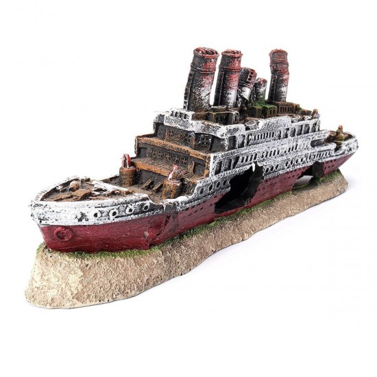 Aquarium Ship Ornament Wreck Boat Fish Tank Cave Resin Decoration 27x5.2x9.5cm