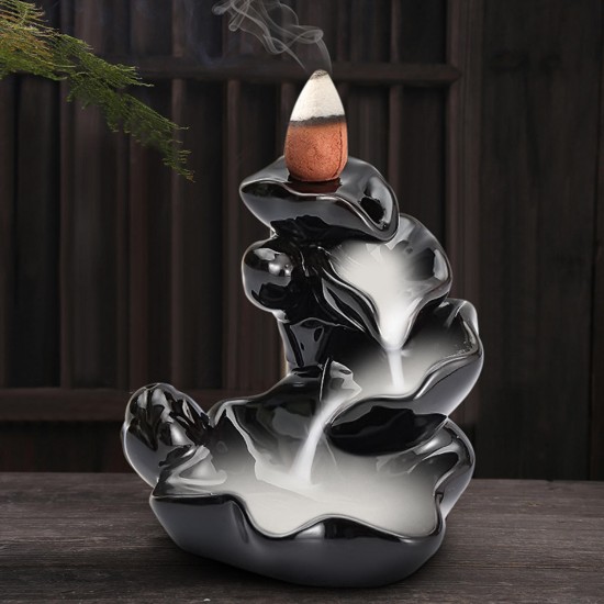 Backflow Incense Cone Burner Holder Ceramic Lotus Stream Fragrant Smoke Backflow Home Censer Decor