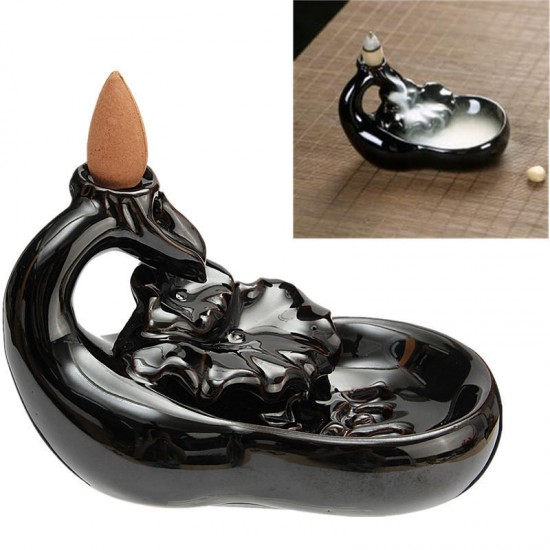 Black Porcelain Backflow Incense Cone Burner Holder Ceramic Lotus Pond Smoke Backflow Fragrant Cense