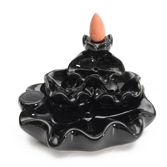 Black Porcelain Tower Backflow Incense Burner Ceramic Buddhist Cone Holder w/ 6Pcs Incense Cones