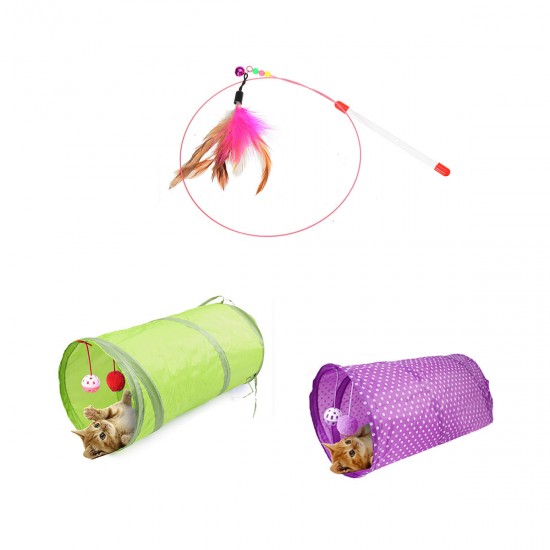 Cat Play Toys Roller Plush Ball Feather Teaser Wand Interactive Mouse Tunnel