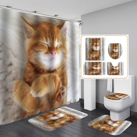 Cat Printing Waterproof Bathroom Shower Curtain Toilet Cover Mat Set