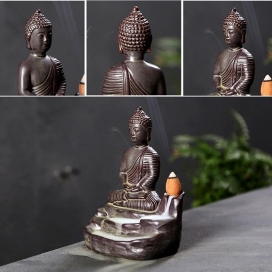 Ceramic Buddha Incense Statue Buddhist Smoke Backflow Cone Censer Burner Holder Home Decor