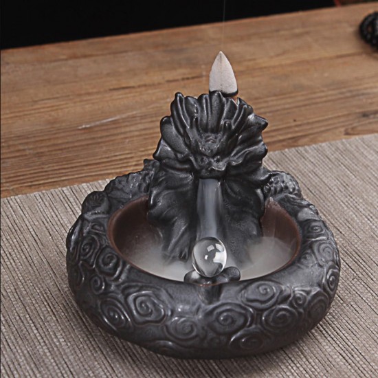 Ceramic Dragon Backflow Incense Cone Burner Incense Holder Ashtray Fragrant Censer w/ Clear Bead Decor