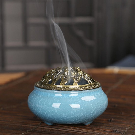 Ceramic Incense Burner Censer Coil Stick Holder Ash Catcher w/ Alloy Cover Aromatherapy Decor